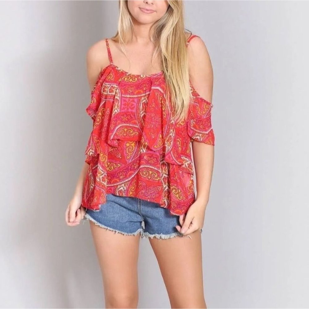Show Me Your Mumu women's medium red patterned‎ off shoulder spaghetti strap top